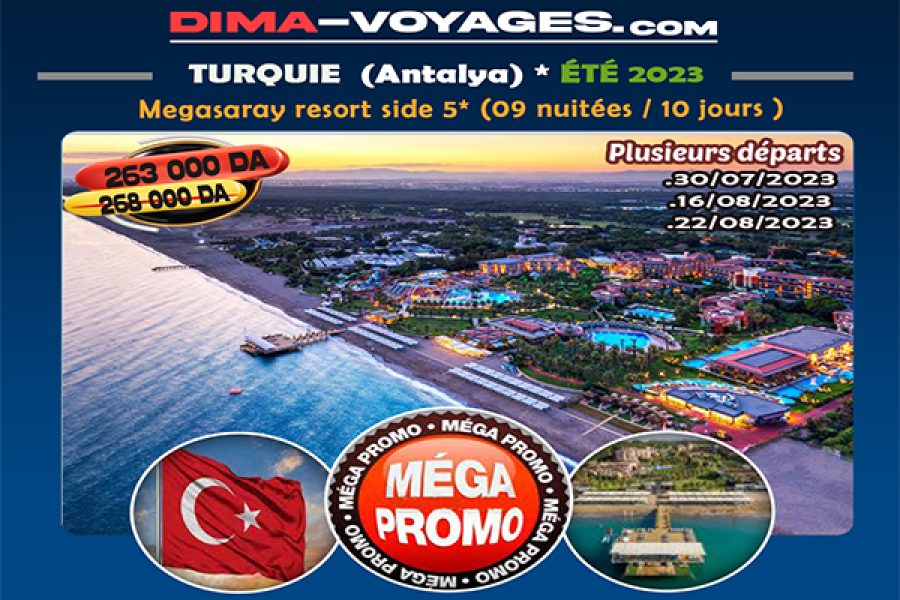 <p>Turquie : Antalya 10J/9N<br />Megasaray resort side 5*<br />Réf.</p>